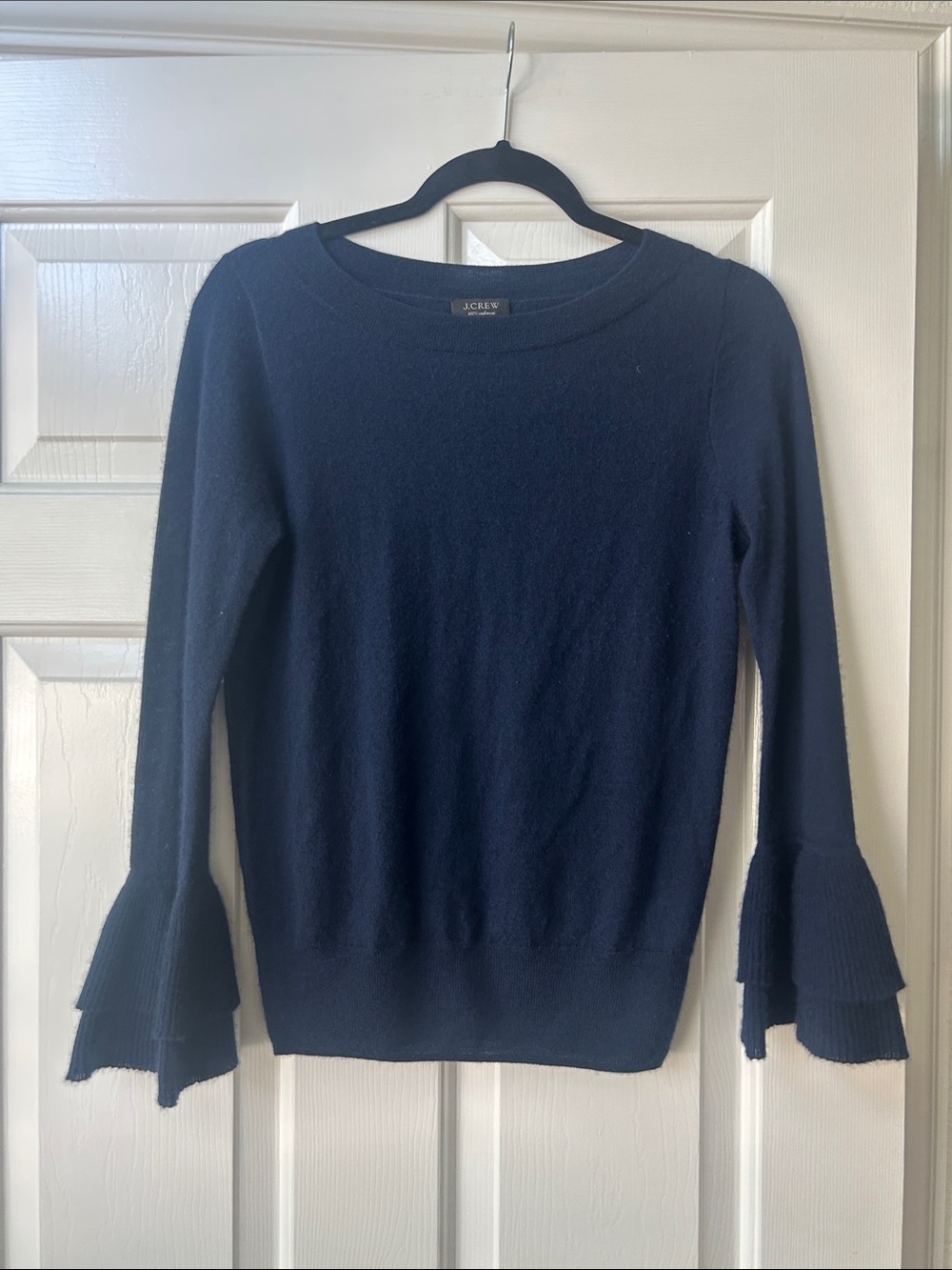 J. Crew Navy Ruffle Sleeve Cashmere Crewneck Sweater
